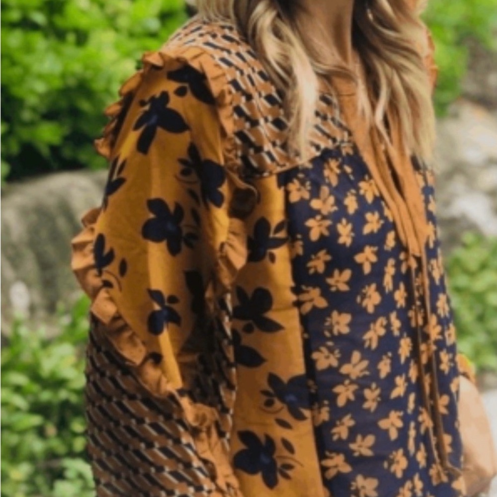 CAbi Mustard and Black Floral Blouse